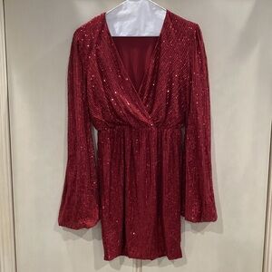 Miss ord red sequin dress.  Only worn once.  Lantern Long sleeves. Holiday item